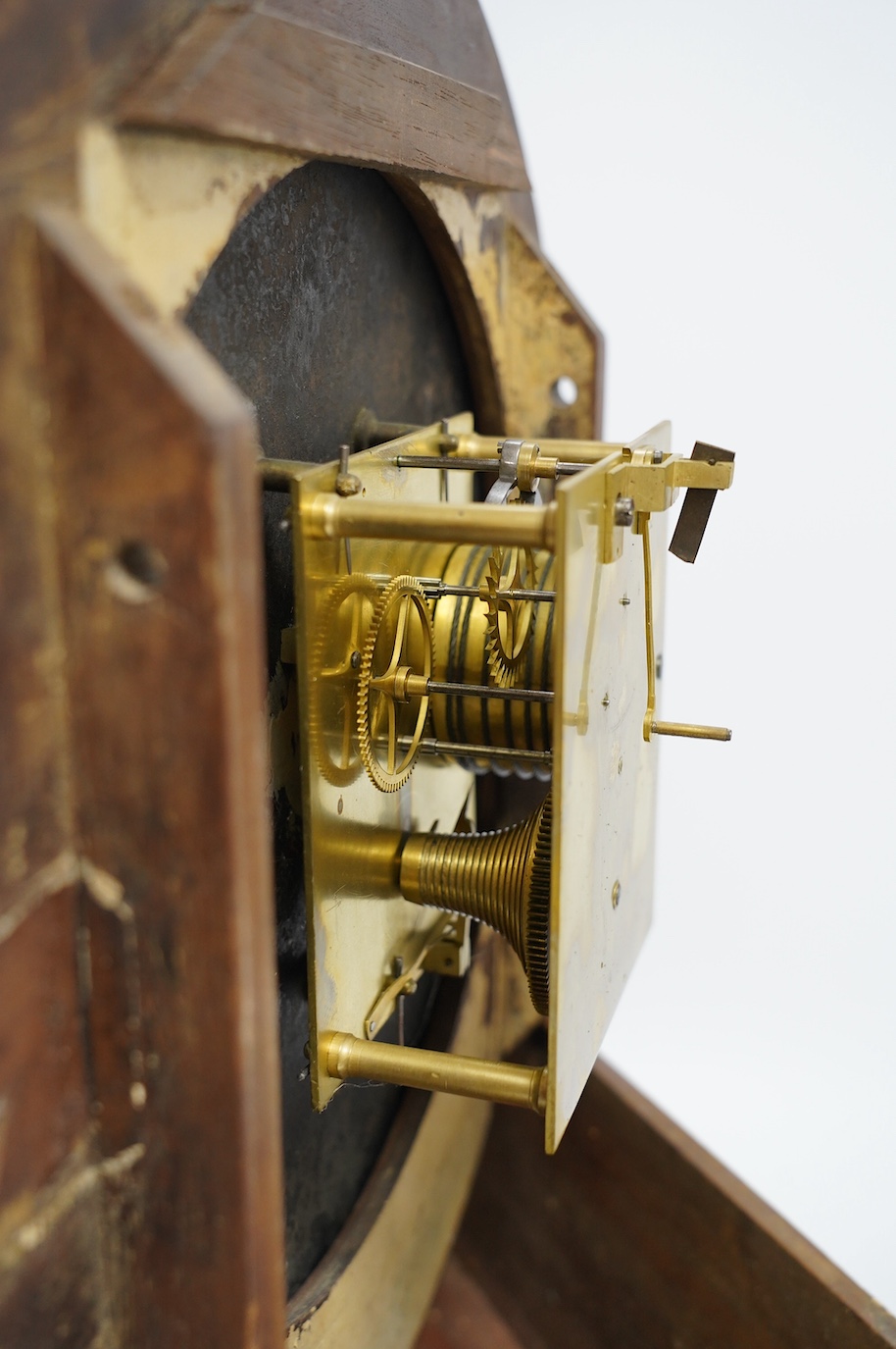 A late 19th century mahogany fusee wall clock, signed L Skelton, Cambridge to the painted 12” dial. Condition - poor, hour hand broken and missing, pendulum suspension spring broken